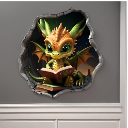 Dragon Reading in Wall Hole Decal, 3D Wall Sticker, 5 in, Pack of 2 (Green)