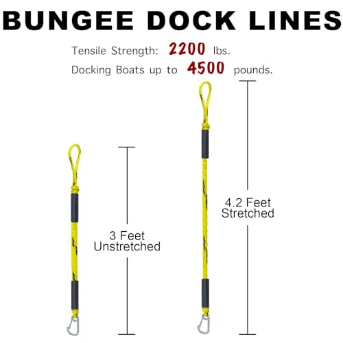 Iririi 3 Feet Bungee Dock Line Boat Ropes with Stainless Steel Clips - Yellow & Black, 2 Pack