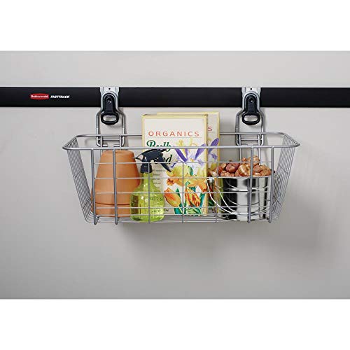 Rubbermaid Garage FastTrack Wire Mesh Basket Wall Mounted Storage System Holds up to 50 pounds Satin Nickel for Tool/Toy/Sports Equipment