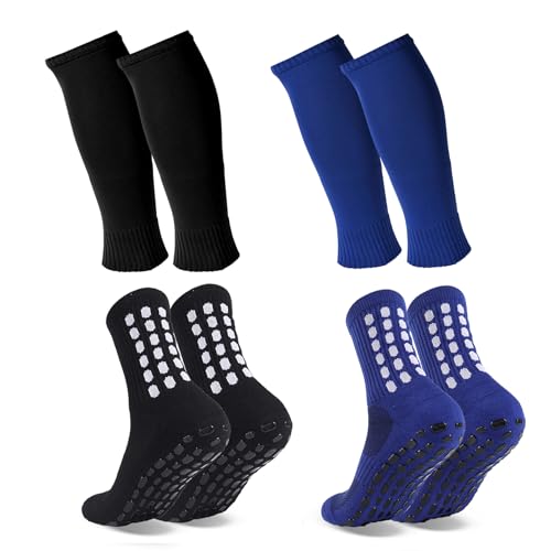 Grip Soccer Socks with Shin Guard Sleeves - Non-Slip Leg Sleeve for Men & Women