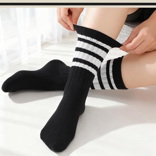 Retro Striped Cotton Crew Socks - 3 Pairs, Black, White, Gray