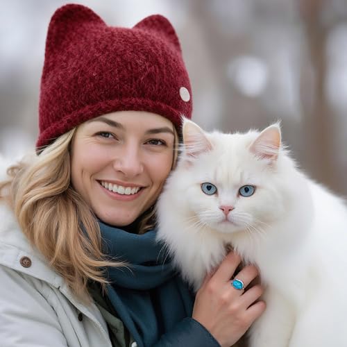 Women's Wool Cat Ear Beanie - Y2K Style Knit Hat - Red