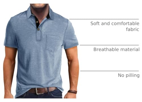 Men's Light Blue Summer Polo Shirt with Pocket - Large, Casual Golf Tee
