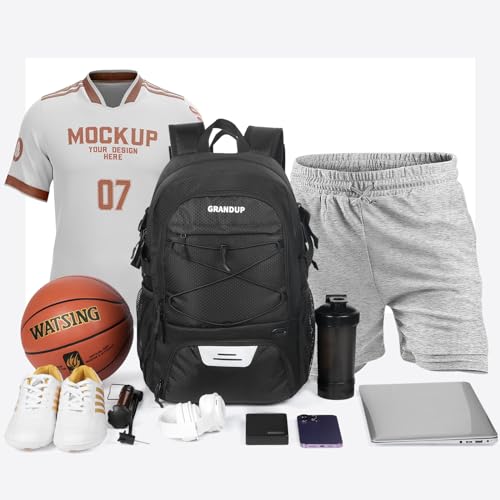 Grandup Basketball Backpack Black Honeycomb with Ball & Shoe Compartments, 28L Sports Bag