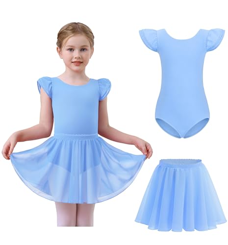 MdnMd Toddler Girls Ballet Leotard with Tutu & Swallowtail Skirt - Blue, 4-5T Flutter Sleeve