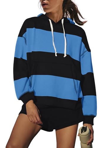 Women's Striped Lounge Set - 2 Piece Workout & Relaxation Set, Medium Blue-Black