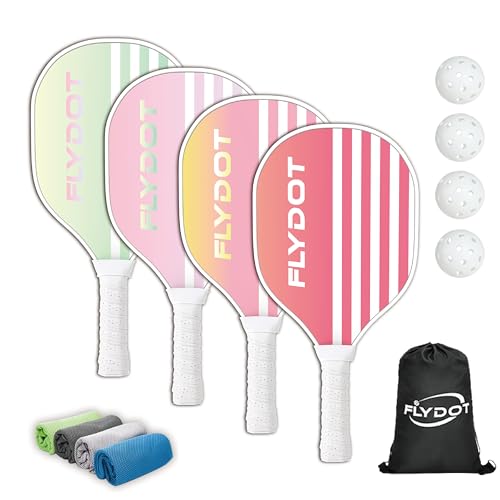 Flydot Pink Pickleball Paddles Set of 4 with Balls & Carrying Bag - Indoor & Outdoor
