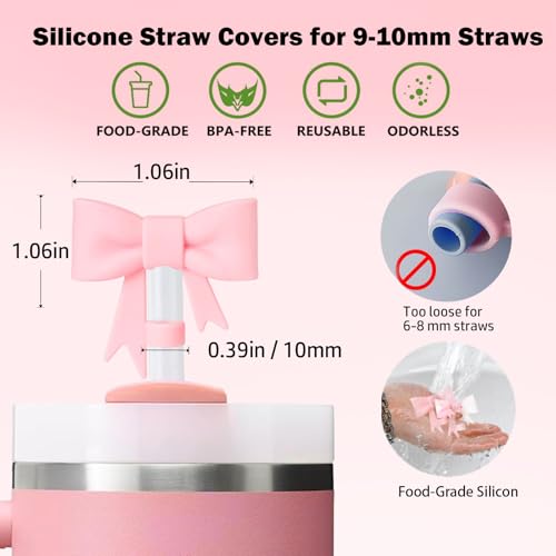 Pink Bow Straw Cover with Initial Letter Charms - 3pcs for Stanley 10mm