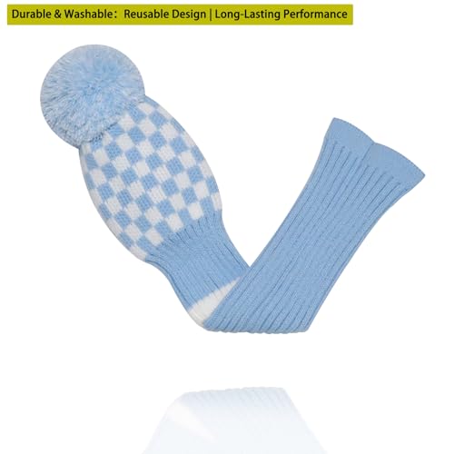 Knitted Golf Head Cover for Driver & Hybrid - Blue White Plaid