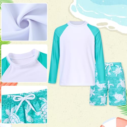 SunFocus Boys Long Sleeve Rash Guard Swimsuit Set 7-8 Years Green Turtle