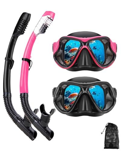 Dry-Top Snorkel Mask Set for Adults & Kids - Black+Pink (2 Pack)