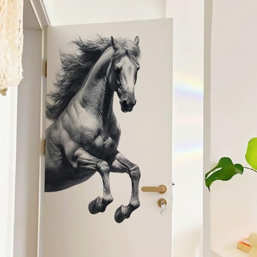 Removable Horse Wall Decals Hand Painted Retro Gray Jumping Horse Door Stickers Peel and Stick Wall Art Murals Home Decor