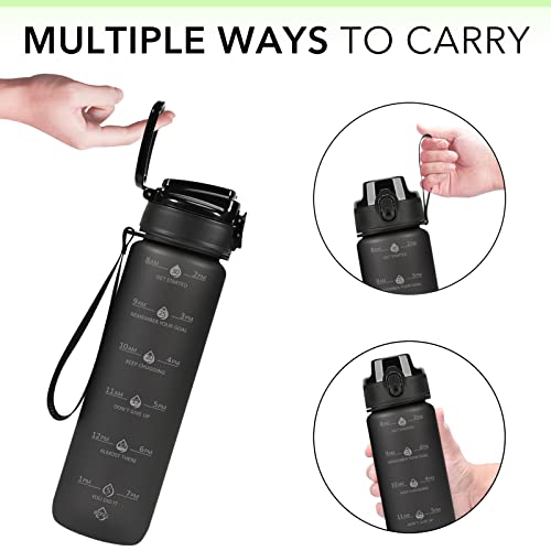 Black 32oz Motivational Water Bottle with Time Marker & Strap - BPA-Free Leak-Proof