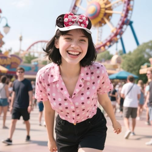 GRAWILLE Sequin Mouse Ears Visor Hat for Women Adjustable Sun Cap - White/Pink