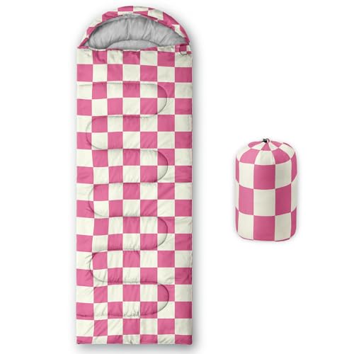Nttopship Pink & White Check Lightweight Waterproof Sleeping Bag - All Seasons, Single 31.5x90.5