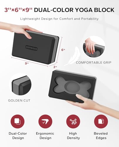 Yoga Blocks 2-Pack - 9x6x3in Non-Slip EVA Foam - Black/Gray