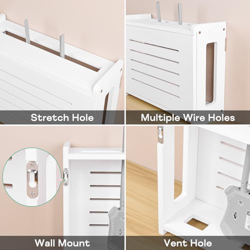 Router Shelf Wall Mount WiFi Router Storage Box Modem Cable Router Cover Organized Power Strip Cable Management Hider Rack by Solid Wood Need Assembly White