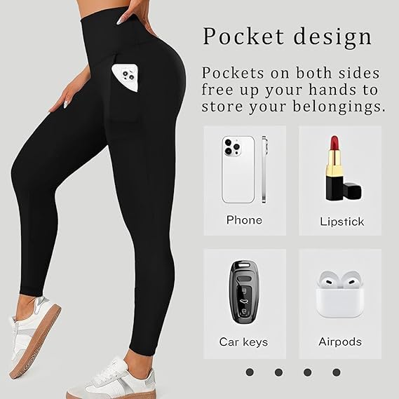 Diravo 4 Pack Leggings for Women with Pockets - High Waisted Yoga Pants (Large-X-Large, Black, 4 Pack)