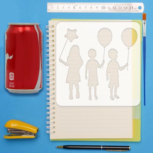 FINGERINSPIRE 9 Pcs Balloon Figure Painting Stencil with Brush 5.9x5.9inch Little Lady and Boy Pattern Drawing Template People with Balloon DIY Stencil for Painting on Wood Wall Fabric Furniture