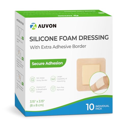 AUVON 3x3 Inch Silicone Foam Wound Dressings - 10 Pack, Large Adhesive Border