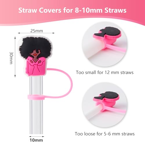 Cute Black Girl Straw Cover Caps - 6 Pcs Pink & Black Set for Stanley Cups