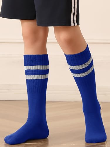 Boys Soccer Athletic Socks - Knee High Striped Sports Socks, Royal Blue, Small
