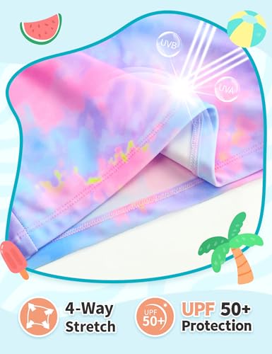 Girls Long Sleeve Rash Guard Swimsuit with Shorts - Tie Dye B, 10-12 Years