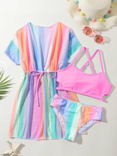 Kids Girls Bikini Set 3-Piece Swimsuit with Multicolor Stripes & Quick Dry Cover-up
