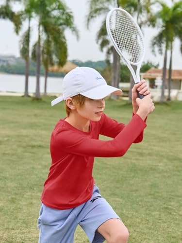 Boys Long Sleeve Athletic T-Shirt - Dry Fit V-Neck, Red, 7-8 Years