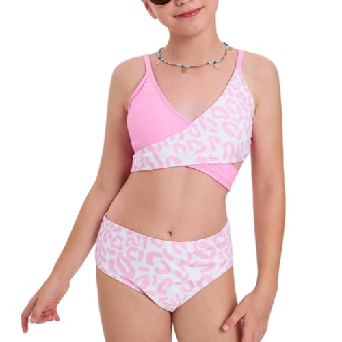 Girls 3-Piece Pink Leopard Swimsuit Set with Cover Up Skirt - Size 6-7 Years