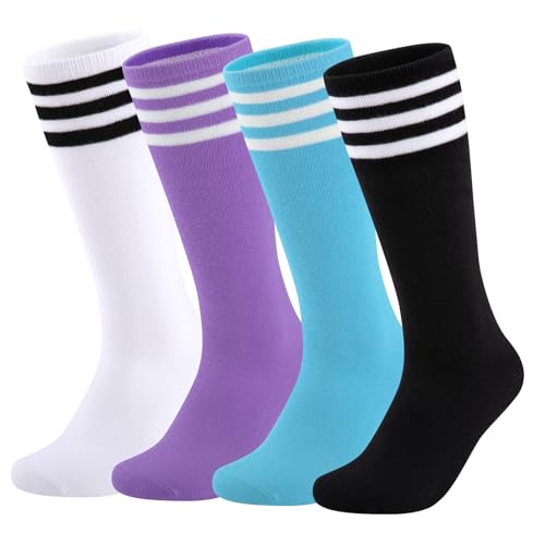 Kids Soccer Socks - 4 Pairs Knee High Cotton Striped - Black, White, Blue, Purple | Ages 7-10