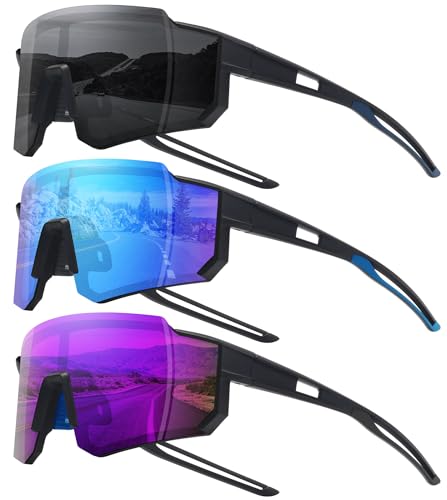 Polarized Sports Sunglasses - UV400 Protection, 3 Pack Matte Black/Gray, Ice Blue & Purple