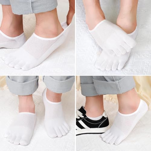 Hellomamma No Show Toe Socks for Men 5-Finger Cotton Low Cut Running Socks 4 Pairs Size 9-15 White