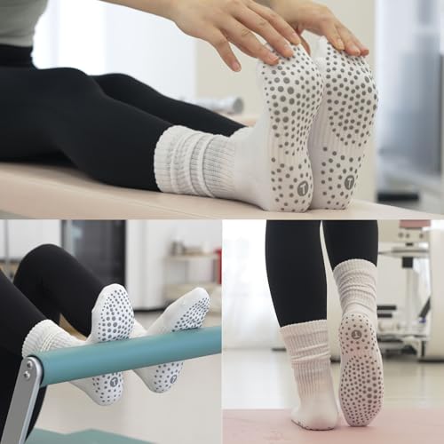 Horuru Women's Non Slip Pilates Slouch Crew Socks - 2 Pairs White