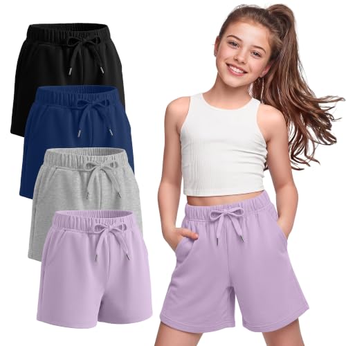 Halfchet Girls Bermuda Sweat Shorts 4-Pack, 11-12y - Taro Purple, Gray, Haze Blue, Black