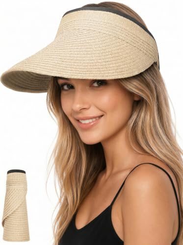 Beige Summer Straw Beach Ponytail Hat for Women - Large