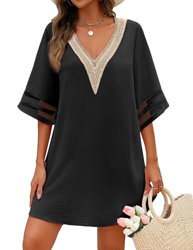 Women's Beach Cover Up - 3/4 Bell Sleeve Deep V-Neck - Black, X-Large