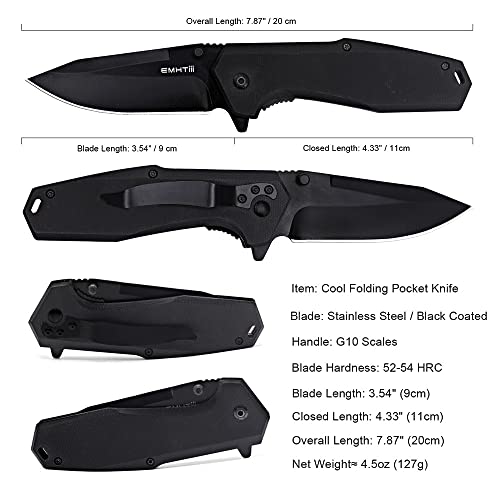 EDC Pocket Folding Knife - 3.54" Stainless Steel Black Blade, G10 Scales Liner Lock, Men Women Camping Knives with Clip EMH03