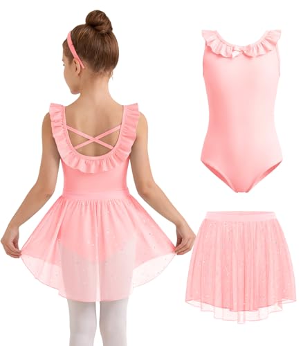 Girls Ballet Leotard with Ruffle Trim & Crisscross Back - Pink, 5-6 Years