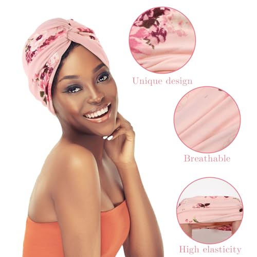 Printed Turbans for Women - Soft Pre-Tied Knot Head Wraps - Black & Pink
