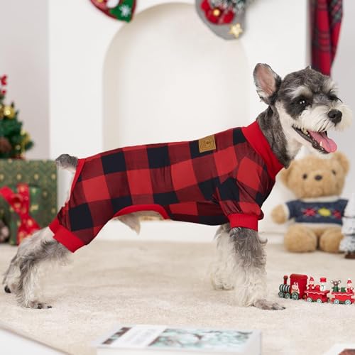XPUDAC 4-Pack Small Dog Pajamas X-Small Plaid Christmas Pet Onesies, Red Green Khaki Grey