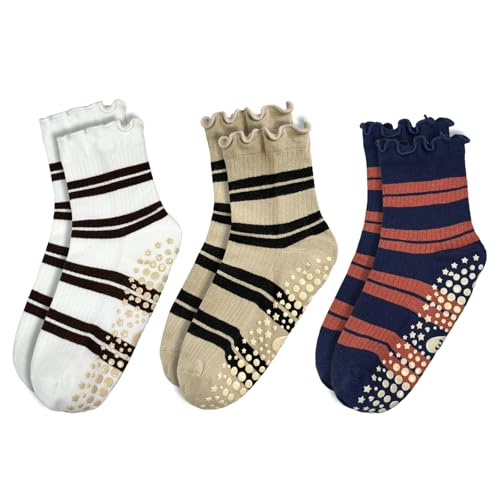Non-Slip Striped Yoga Socks for Women - 3 Pairs, Size 5-9, White/Khaki/Navy Blue