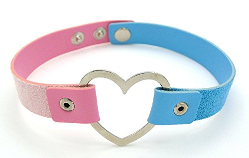 Girls Love Heart Choker Necklace - Pink & Light Blue PU Leather