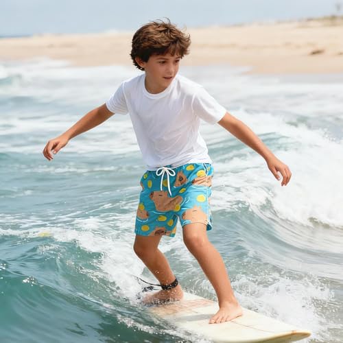 CUPADA Boys Swim Trunks 6-16 Years Capybara Print, Small (Capybara Swimming) – Quick-Dry Board Shorts