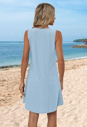 Women's Summer Dress - Eyelet Blue, XL, V-Neck Sleeveless Sundress Vacation Coverup