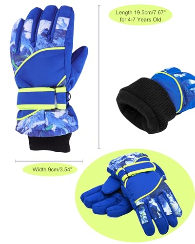 Kids Waterproof Winter Ski Gloves - Warm Plush Lined - Blue, Ages 4-7