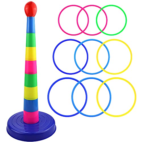 Ring Toss Game Set - 9 Soft Plastic Rings & Rainbow Cup