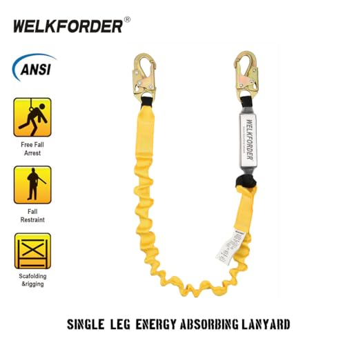 6-Foot Shock Absorber Stretchable Safety Lanyard with Double Snap Hook Connectors ANSI Z359.13-2013 Compliant Fall Protection Equipment