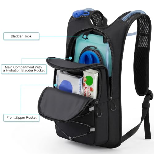Hydration Backpack with 2L Bladder - Lightweight Hiking Pack - Black 10L