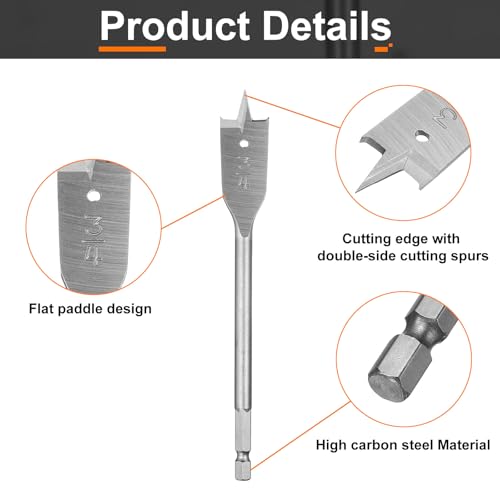 HARFINGTON 3Pcs Spade Drill Bit 3/4" Paddle Flat Bits Wood Hole Cutter with Quick Change 1/4 Inch Hex Shank for Woodworking Fiberglass, Silver Tone